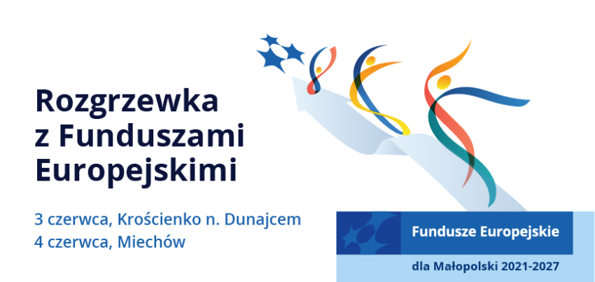 Grafika promująca wydarzenie. Grafika zawiera tekst Rozgrzewka z Funduszami Europejskimi. 3 czerwca Krościenko nad Dunajcem, 4 czerwca Miechów