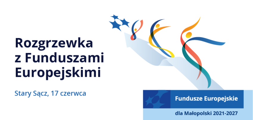 Grafika promująca wydarzenie. Grafika zawiera tekst Rozgrzewka z Funduszami Europejskimi. Stary Sącz 17 czerwca.