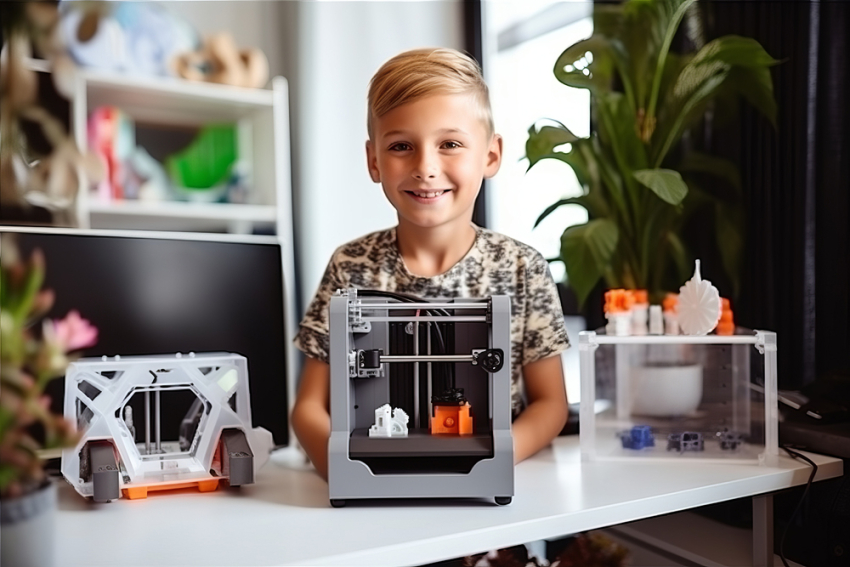 Uśmiechnięty chłopiec, przed nim na blacie stoją kreatywne urządzenia-drukarki 3D.