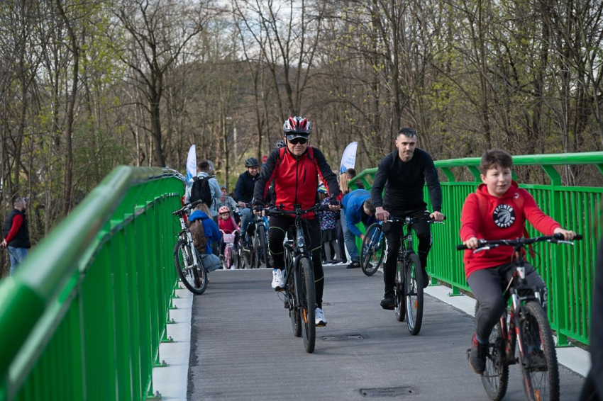 Grupa rowezrystów na kładce rowerowej. W tle widoczne drzewa