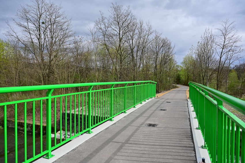 Kładka rowerowa. Zielone balustrady, po obu stronach widoczne drzewa.