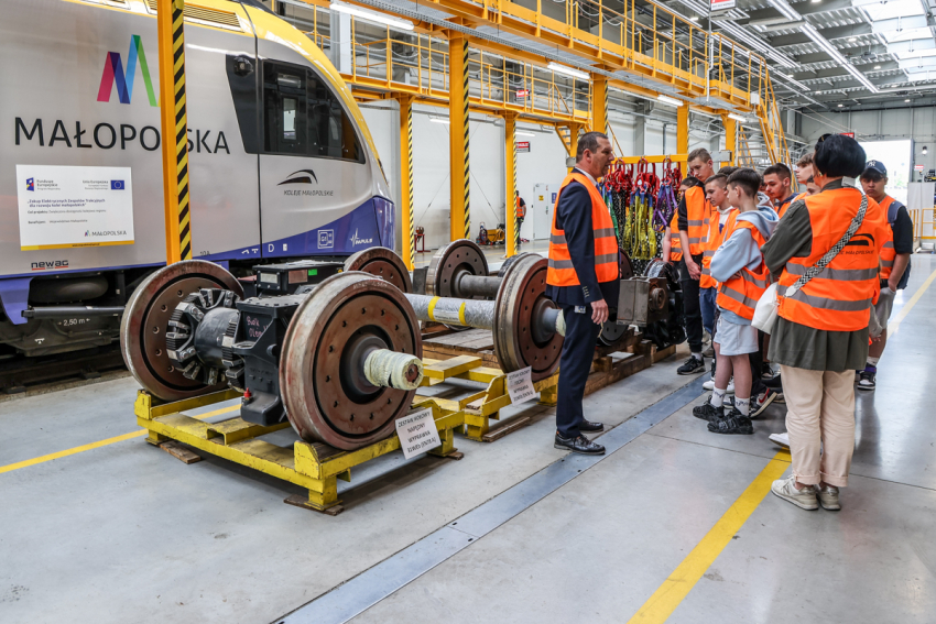 Szkolna grupa z opiekunką i mężczyzna z kolei, w pomieszczeniu obsługi taboru kolejowego.