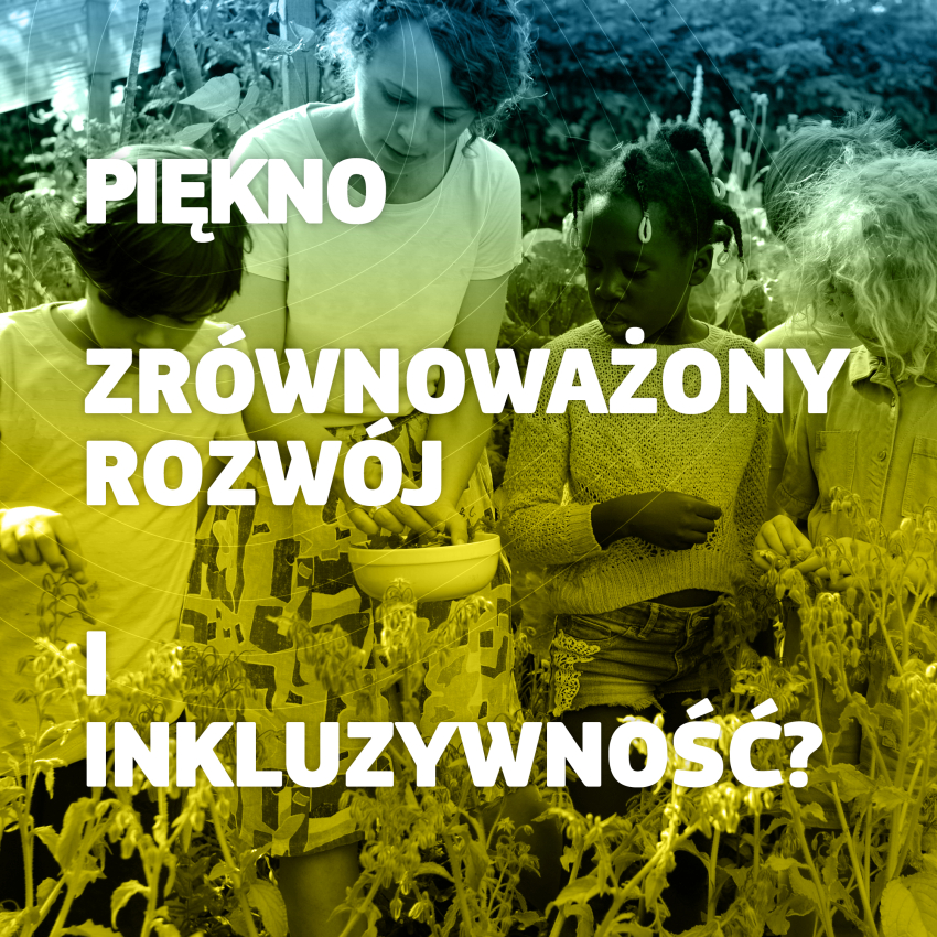 Grafika informacyjna w żółto-zielonej tonacji z tekstem &quot;piękno, zrównoważony rozwój i inkluzywność&quot;
