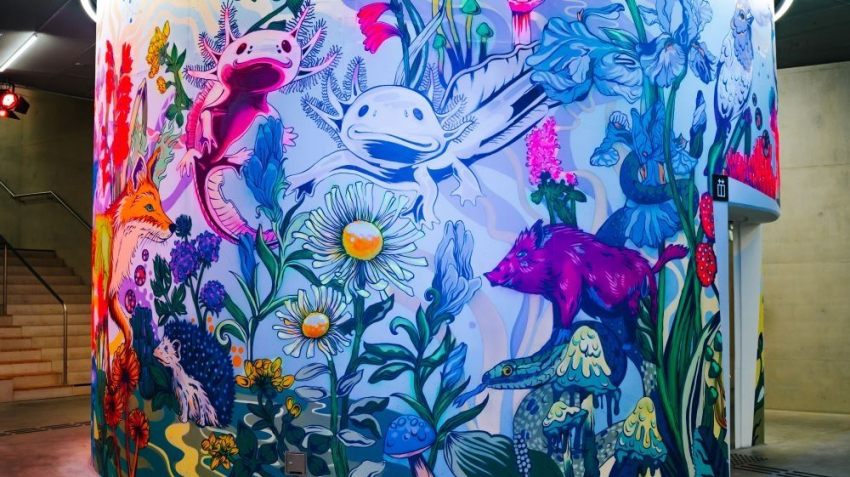 Grafika-lis, jeż, dzik, wąż, aksolotle wśród kwiatów wodnych, lądowych i grzybów leśnych.