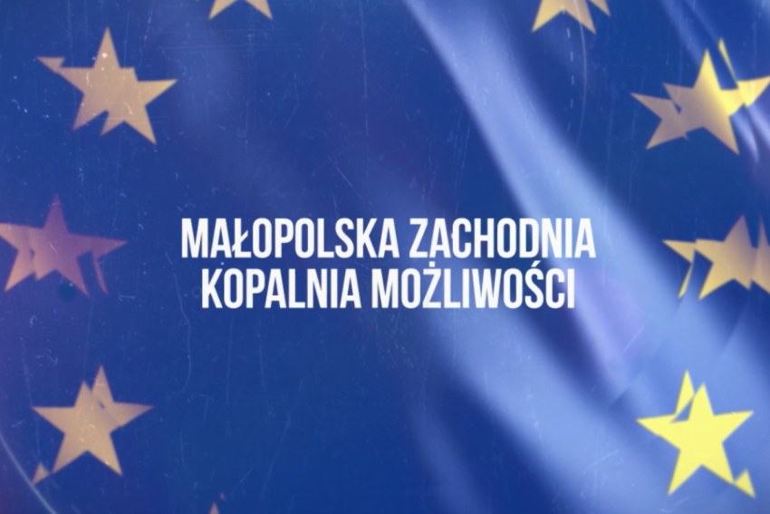 Napis "Małopolska Zachodnia Kopalnia Możliwości na tle flagi Unii Europejskiej