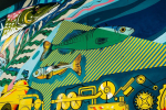 Mural przedstawiający ryby pływające wokół łodzi podwodnej.