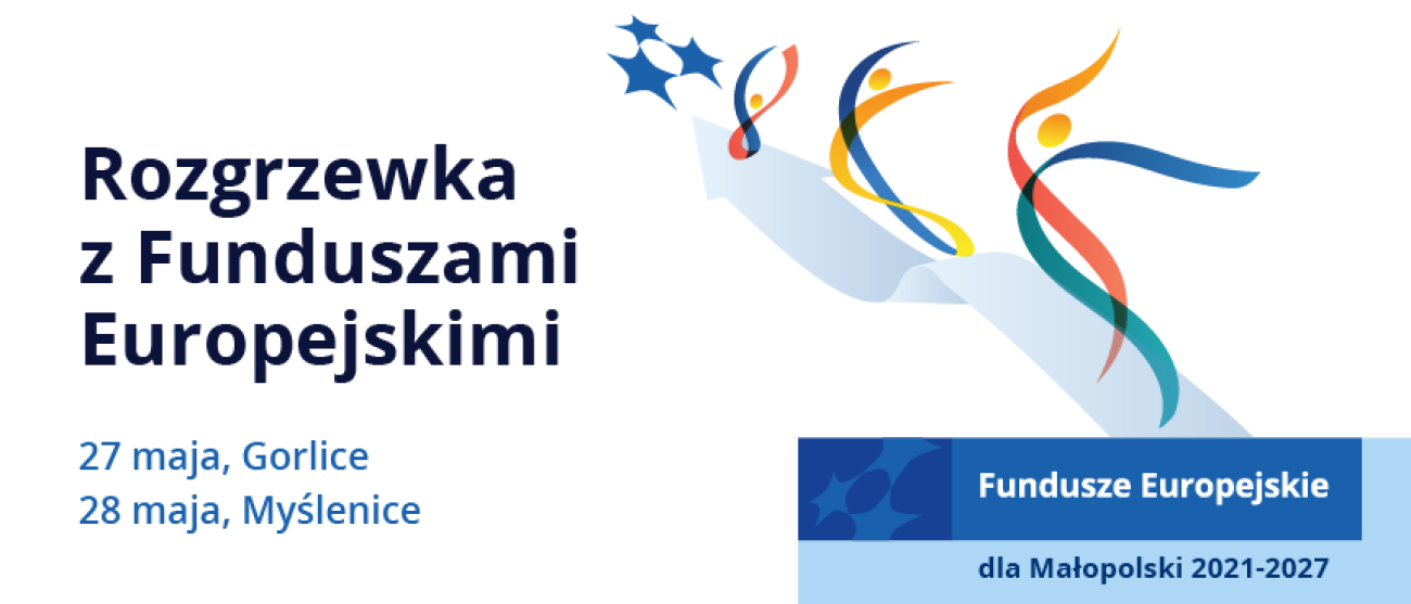 Grafika promująca wydarzenie. Grafika zawiera tekst Rozgrzewka z Funduszami Europejskimi. 27 maja Gorlice, 28 maja Myślenice.