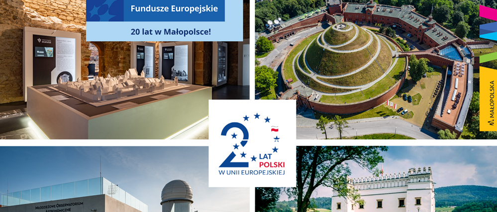 Grafika na wydarzenie DOFE 2024 składająca się z 4 małych obrazków: Muzeum Podziemne w Olkuszu, Kopiec Kościuszki, Obserwatorium astronomiczne,  zamek w Suchej Beskidzkej. Logotypy: Fundusze Europejskie, 20lecie Polski w UE, Małopolska, Rzeczpospolita Polska. 