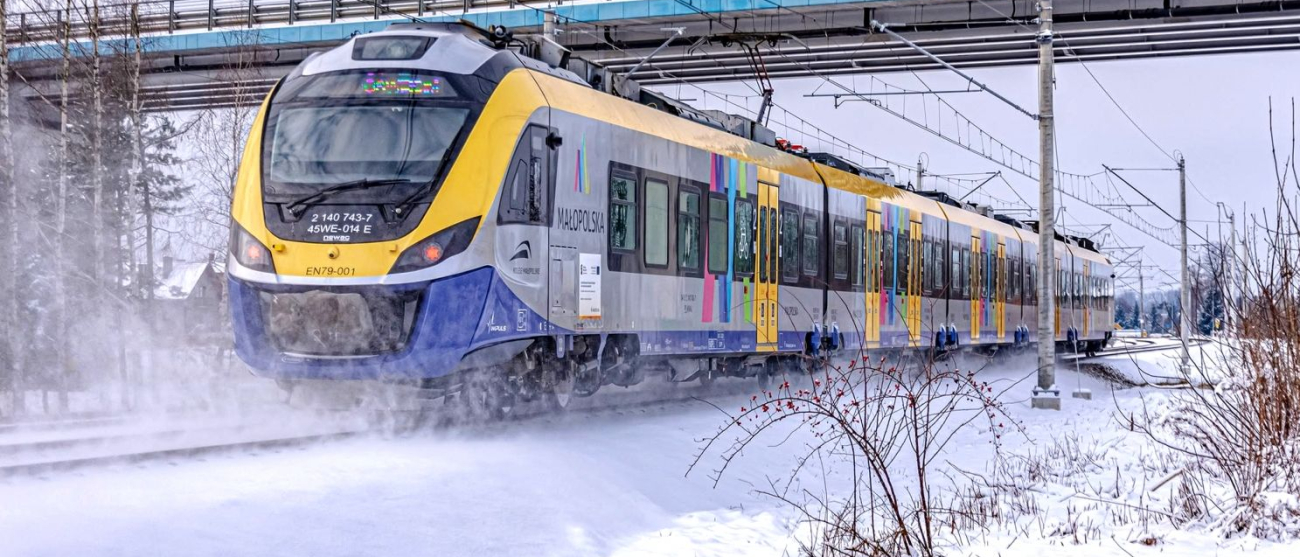 Pociąg przejeżdżający pod wiaduktem zimą.