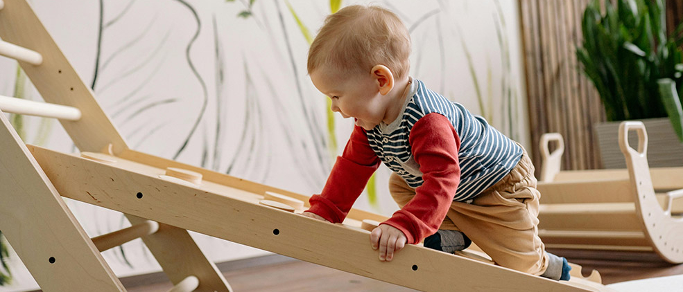 Grafika ilustracyjna naboru 6.5 Typ A. W jej centrum zdjęcie dziecka wspimającego się po drewnianej drabinie.