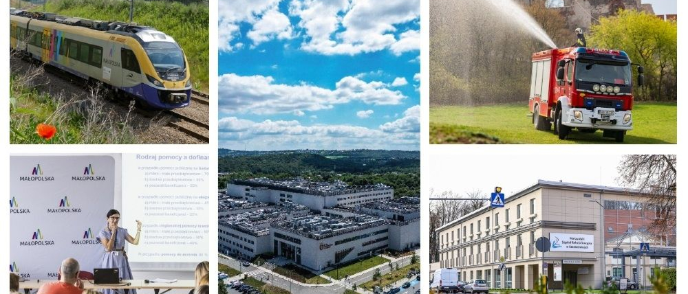 Kolaż zdjęć: pociąg, chmury, wóz strażacki, konsultantka z PIFE, szpital, 
