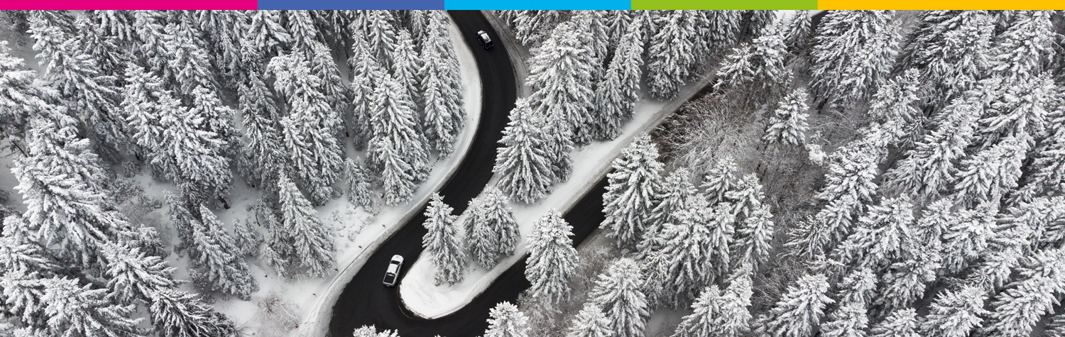 Zdjęcie z lotu ptaka - las i wijąca się droga zimą.